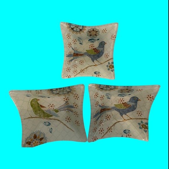 6 Reverse Painted Glass Snack Bowls Abstract Birds Mosaic Design 5" MCM - Picture 6 of 15